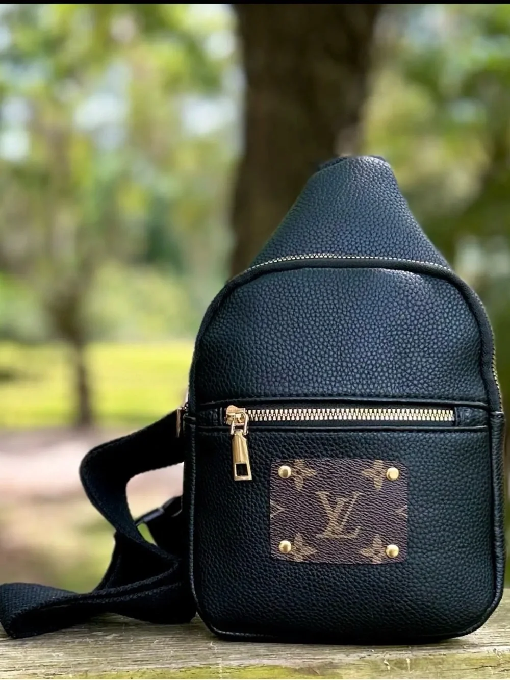 Up cycled Black Leather Crossbody Sling Bag with Plaque